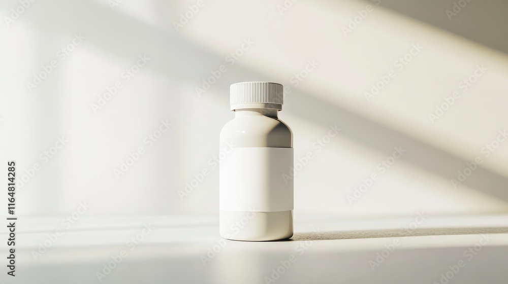 Poster empty bottle with a simple, clear label placed on a clean, white surface.