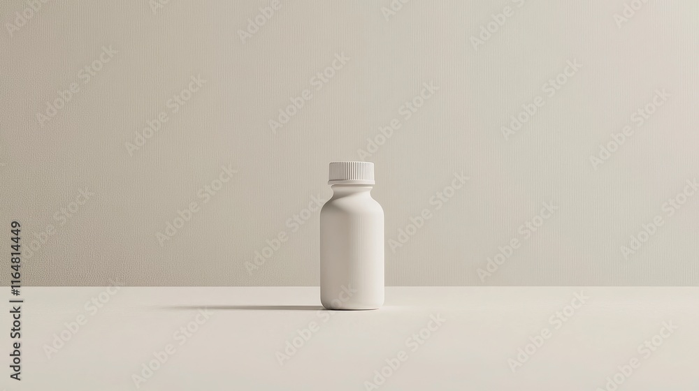 Poster empty bottle with a simple, clear label placed on a clean, white surface.