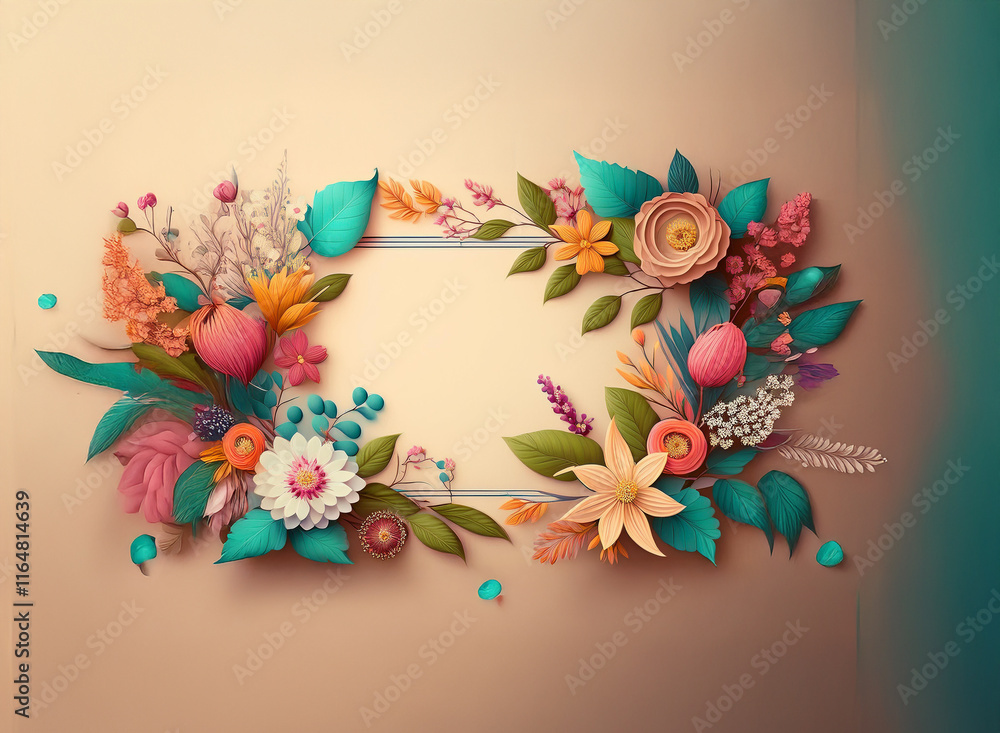 Poster a rectangular frame is adorned with a vibrant arrangement of paper-like flowers and leaves in variou
