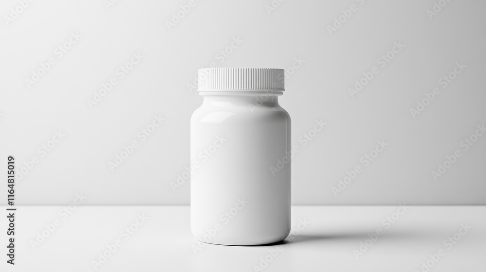 Poster empty white pill bottle with no label. the bottle should be placed on a clean white surface without 