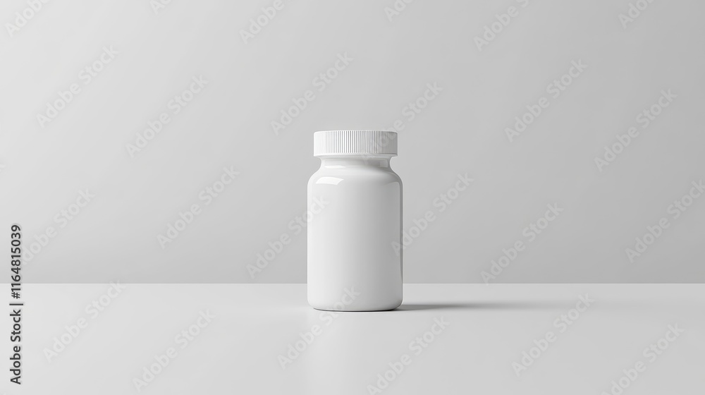 Poster empty white pill bottle with no label. the bottle should be placed on a clean white surface without 