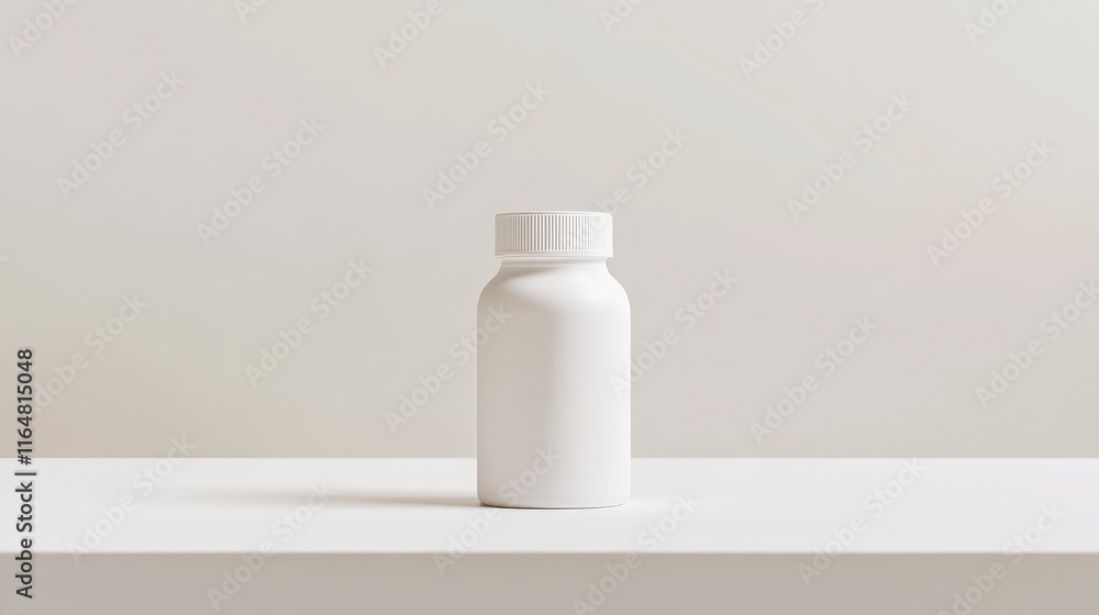 Poster empty white pill bottle with no label. the bottle should be placed on a clean white surface without 