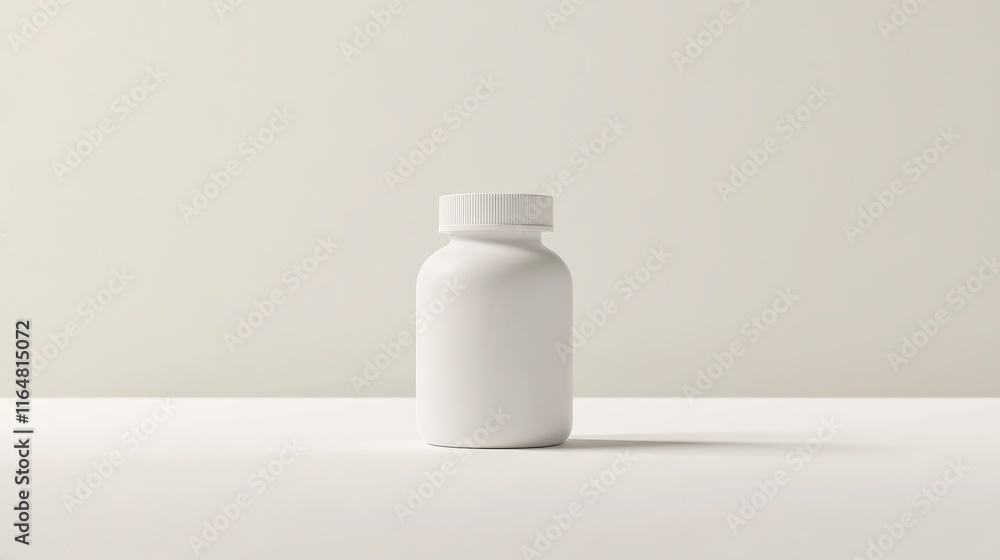 Poster empty white pill bottle with no label. the bottle should be placed on a clean white surface without 