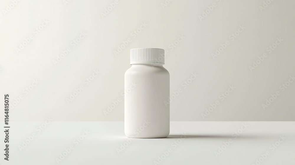 Poster empty white pill bottle with no label. the bottle should be placed on a clean white surface without 
