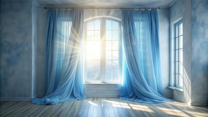 Serene Sunlight Streaming Through Sheer Blue Curtains in a Room with Wooden Floor
