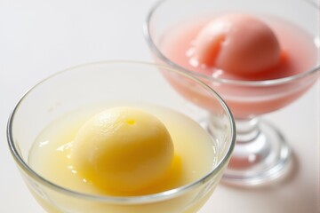 Fresh fruit sorbets served in minimalist glass bowls