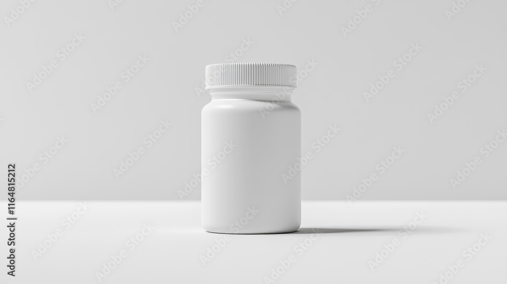 Poster empty white pill bottle with no label. the bottle should be placed on a clean white surface without 