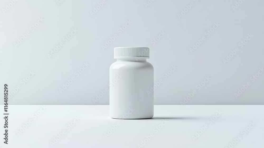 Poster empty white pill bottle with no label. the bottle should be placed on a clean white surface without 