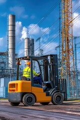 Electric forklift operating outdoors near a renewable energy plant