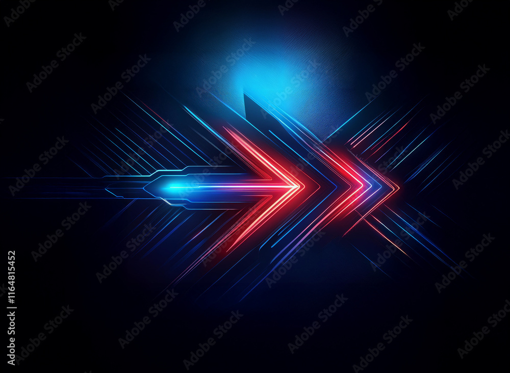 Poster abstract digital art depicting a vibrant, glowing arrow composed of intersecting lines and bright re