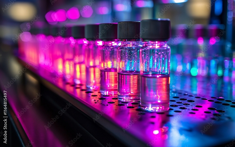 Poster illuminated vials with colorful liquids on a metal rack.