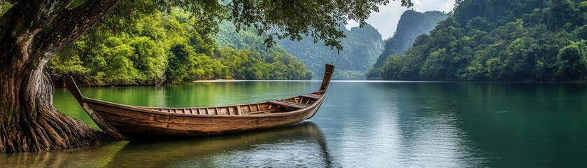 Obraz premium Traditional wooden boat on a calm tropical river surrounded by jungle, tropical transport, peaceful exploration