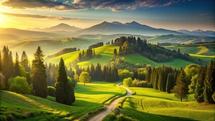 Naklejka premium Serene Sunset Over Rolling Green Hills and Evergreen Forests