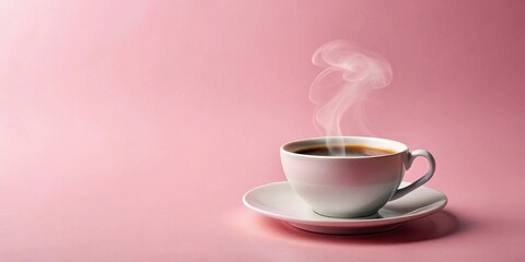 A steaming cup of coffee on a saucer, on a soft pink background