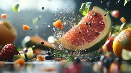 Dynamic fruit splash action kitchen food photography colorful environment close-up view freshness concept for seo impact