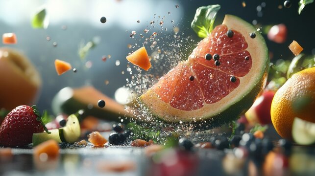Dynamic fruit splash action kitchen food photography colorful environment close-up view freshness concept for seo impact