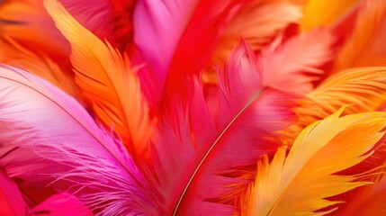 Obraz premium close-up of bright tropical flowers intertwined with vibrant carnival feathers in reds, pinks, and oranges. 