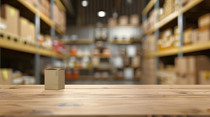 Obraz premium Cardboard Box on Wooden Surface with Blurred Warehouse Background