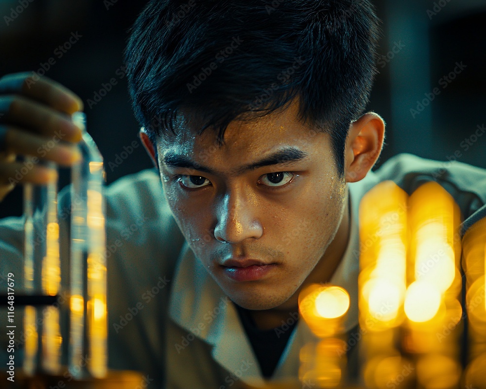 Poster focused scientist examining test tubes in a lab.