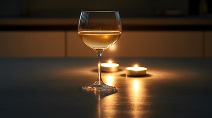 A glass of white wine sits beside two candles