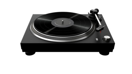 3D render of a modern black turntable, isolated on transparent background