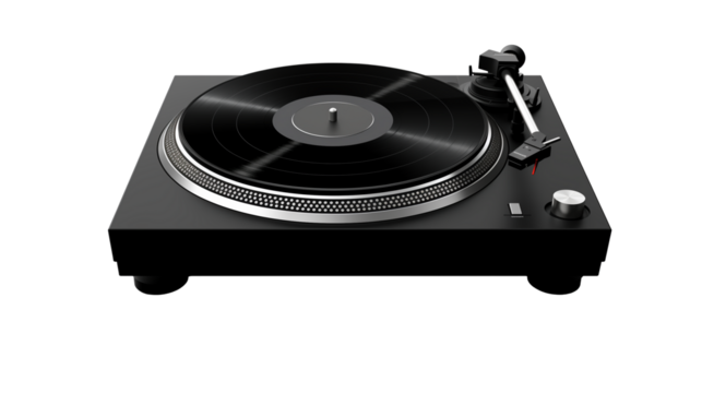 3D render of a modern black turntable, isolated on transparent background