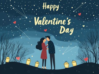 Romantic Valentine's Day illustration with a couple under a starry night sky and lanterns, "Happy Valentine's Day" Text