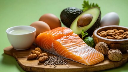 Delicious healthy meal preparation salmon avocado eggs and nuts on a wooden board bright kitchen food photography concept