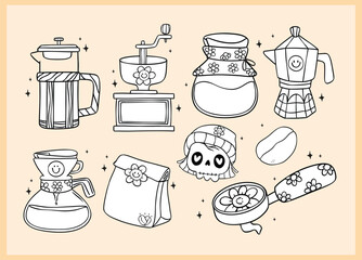 Group of Cute Groovy Retro Coffee Equipment Coloring Image Doodle Hand Drawn, grinder, pour over, bean, bag, drip, espresso, press