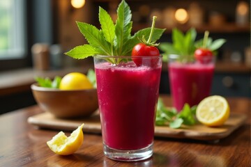 Beet juice in a clear glass with bright vegetable garnishes