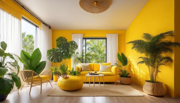 Tropical vibes indoors with decorative plants, yellow walls, and abundant natural light.