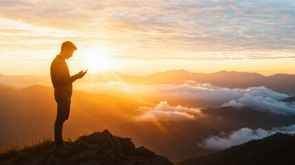 Obraz premium Hiker checks smartphone on top of the mountain during sunset.