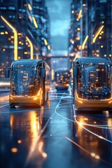 Electric truck and forklift collaboration at a futuristic logistics center