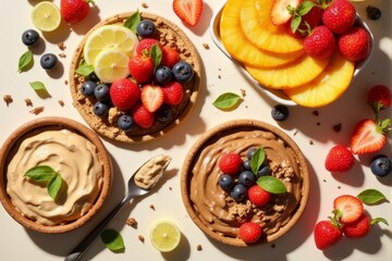 Nut butters and sliced fruits in a visually appealing flat lay