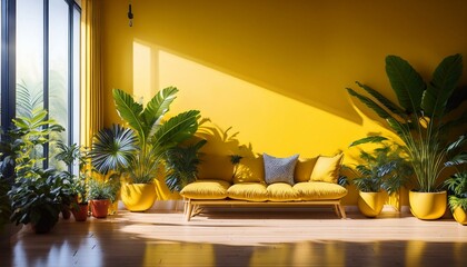 Tropical vibes indoors with decorative plants, yellow walls, and abundant natural light.