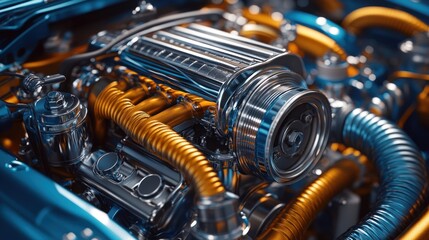 Fototapeta premium A close-up view of a polished engine with intricate components and vibrant detailing.