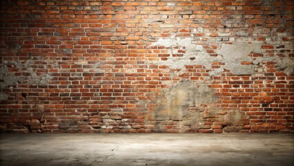 A rustic, aged brick wall backdrop with a worn concrete floor, ideal for design projects