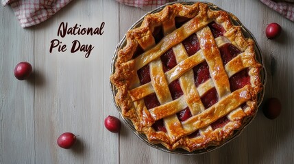 A delicious pie on a wooden surface, celebrating National Pie Day with a lattice crust and surrounded by small red fruits.