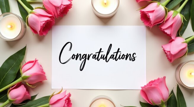 Congratulations card with pink roses and candles on a white background