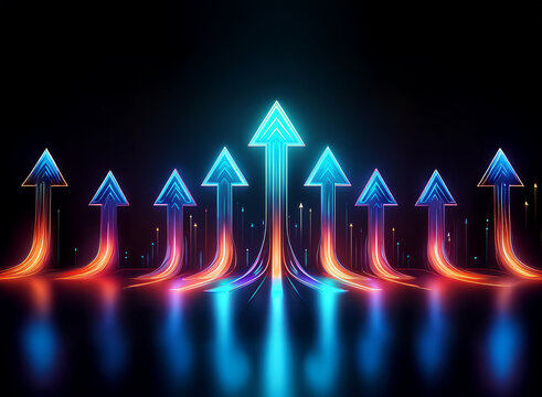 Glowing neon arrows ascend, converging into a larger arrow, symbolizing growth, progress, and upward trajectory. The vibrant colors and reflective surface enhance the dynamic energy.
