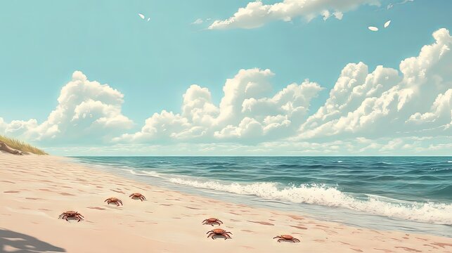 A serene beach scene with crabs scuttling across the sandy shore.