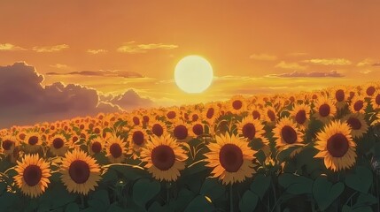 Fototapeta premium Vibrant sunflower field at sunset, with golden hues illuminating the horizon.