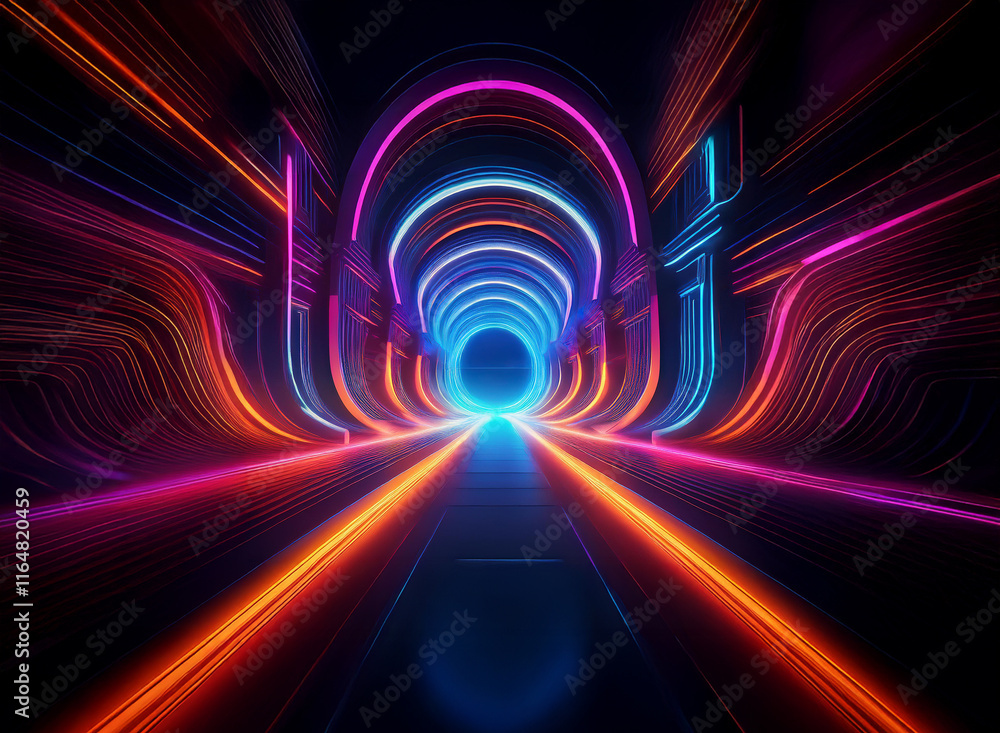 Poster abstract digital art depicting a vibrant neon tunnel with glowing lines and circular forms. the colo