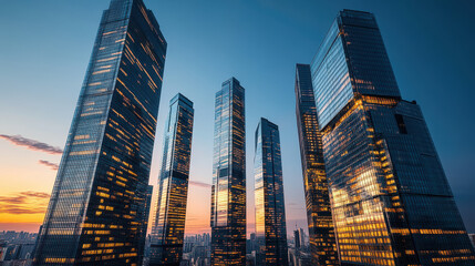 Obraz premium Low-angle photograph of tall skyscrapers with glass facades, illuminated from the inside