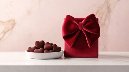 Valentine's Day scene featuring a beautifully wrapped gift box, with a bow in soft red velvet.