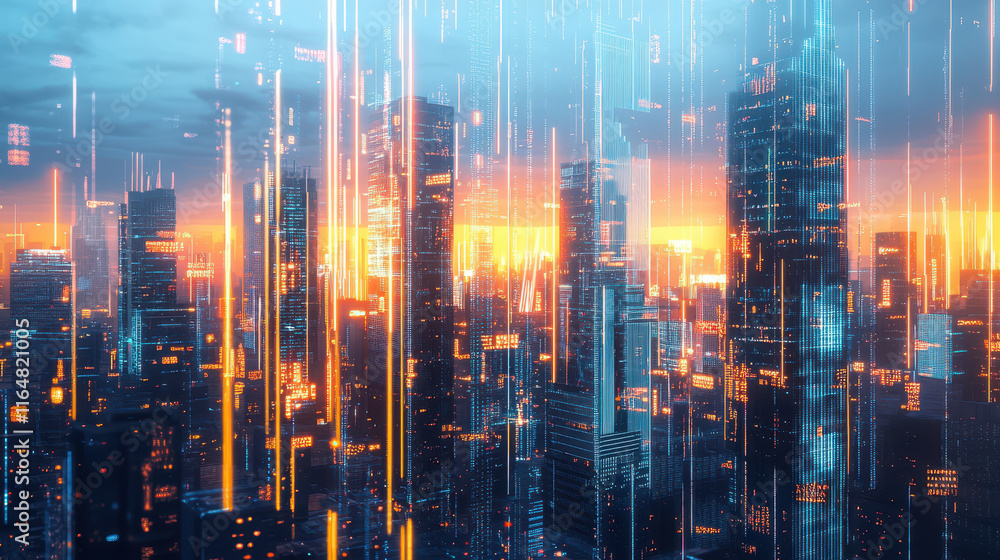Poster futuristic cityscape with digital lines and data points, representing the integration of ai in urban