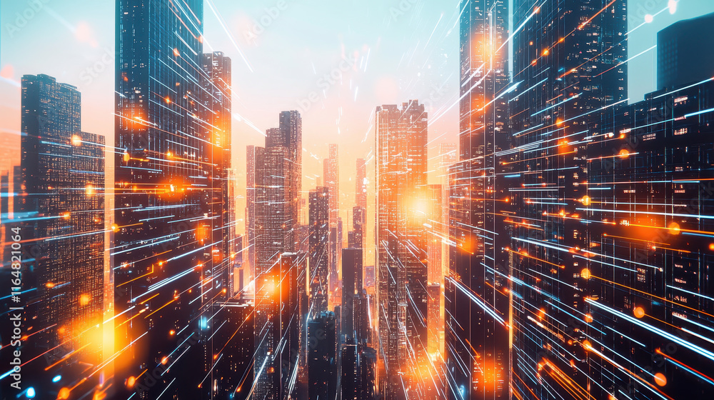 Poster futuristic cityscape with digital lines and data points, representing the integration of ai in urban