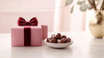 Valentine's Day scene featuring a beautifully wrapped gift box, with a bow in soft red velvet.