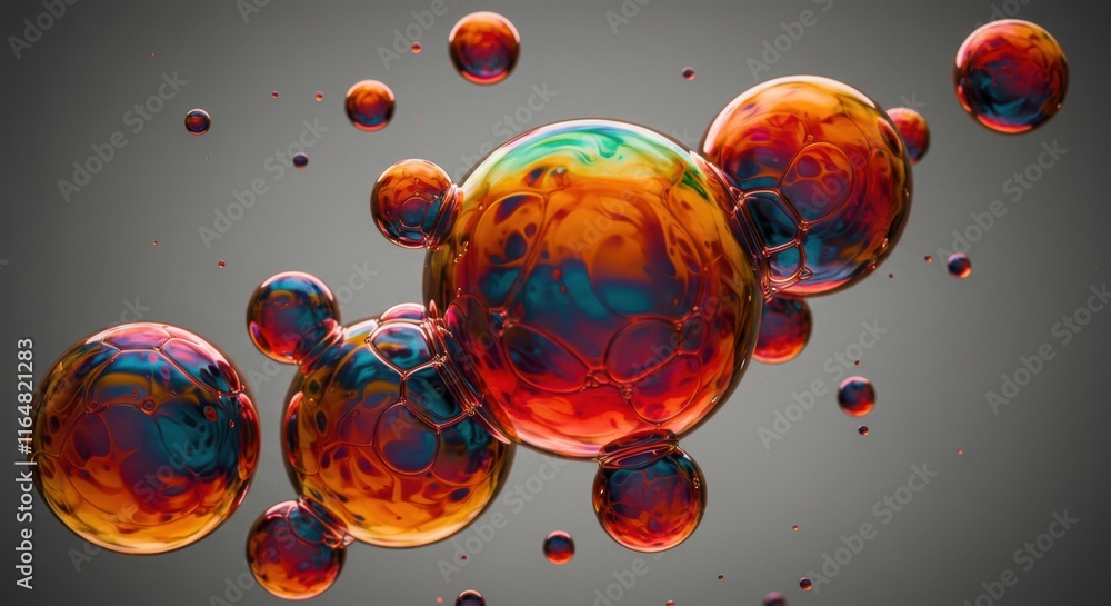 Poster colorful abstract spheres suspended in motion with vivid fluid patterns and depth