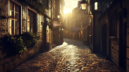Fototapeta premium Charming cobblestone street at sunset with warm light illuminating old buildings.